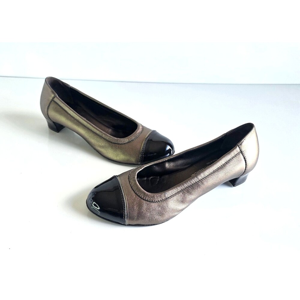 AGL Women's Cap Toe Pumps Bronze Metallic Leather Black Patent Sz 39 9